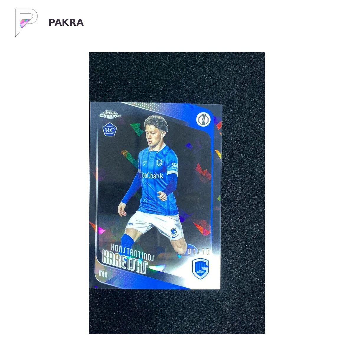 2025-26 Topps Chrome UCC Sapphire Konstantinos Karetsas RC Black 01/10 #150 shown on a white PAKRA background.