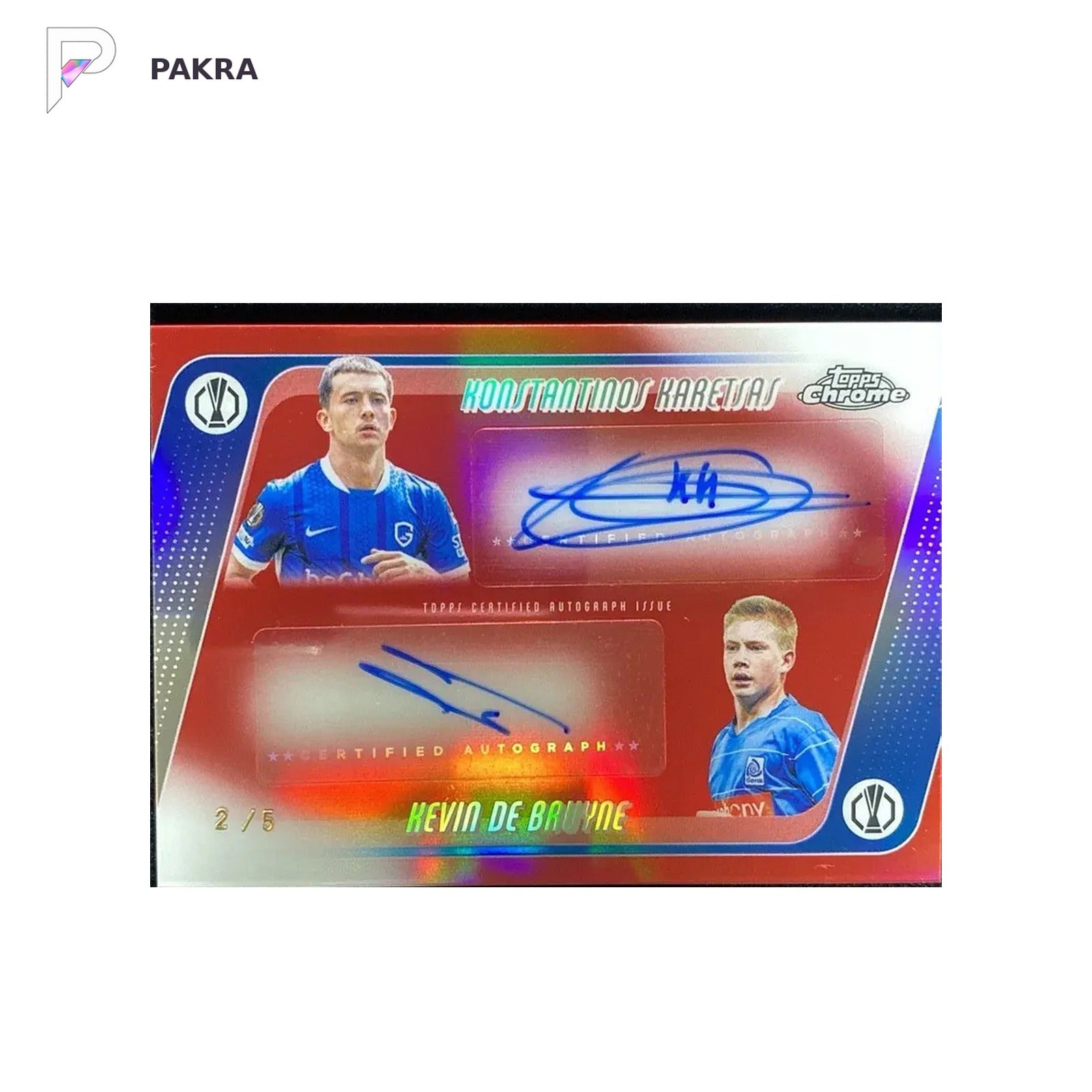 2025-26 Topps Chrome UCC Konstantinos Karetsas RC Rookie Dual Auto Red 2/5 shown on a white PAKRA background.