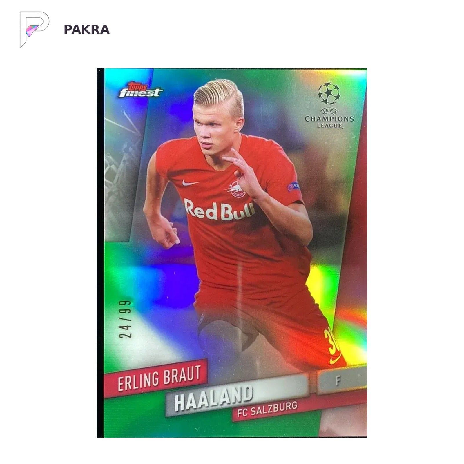 2019-20 Topps Finest UCL Erling Haaland RC Rookie Performance Green /99 #91 shown on a white PAKRA background.
