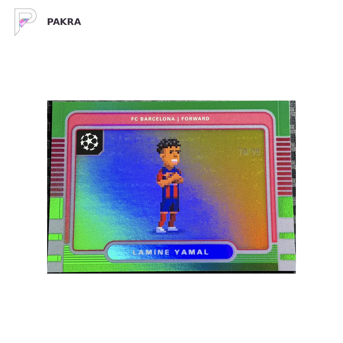 2025-26 Topps Flagship UEFA Lamine Yamal 8-Bit Shots Green Refractor /99 shown on a white PAKRA background.