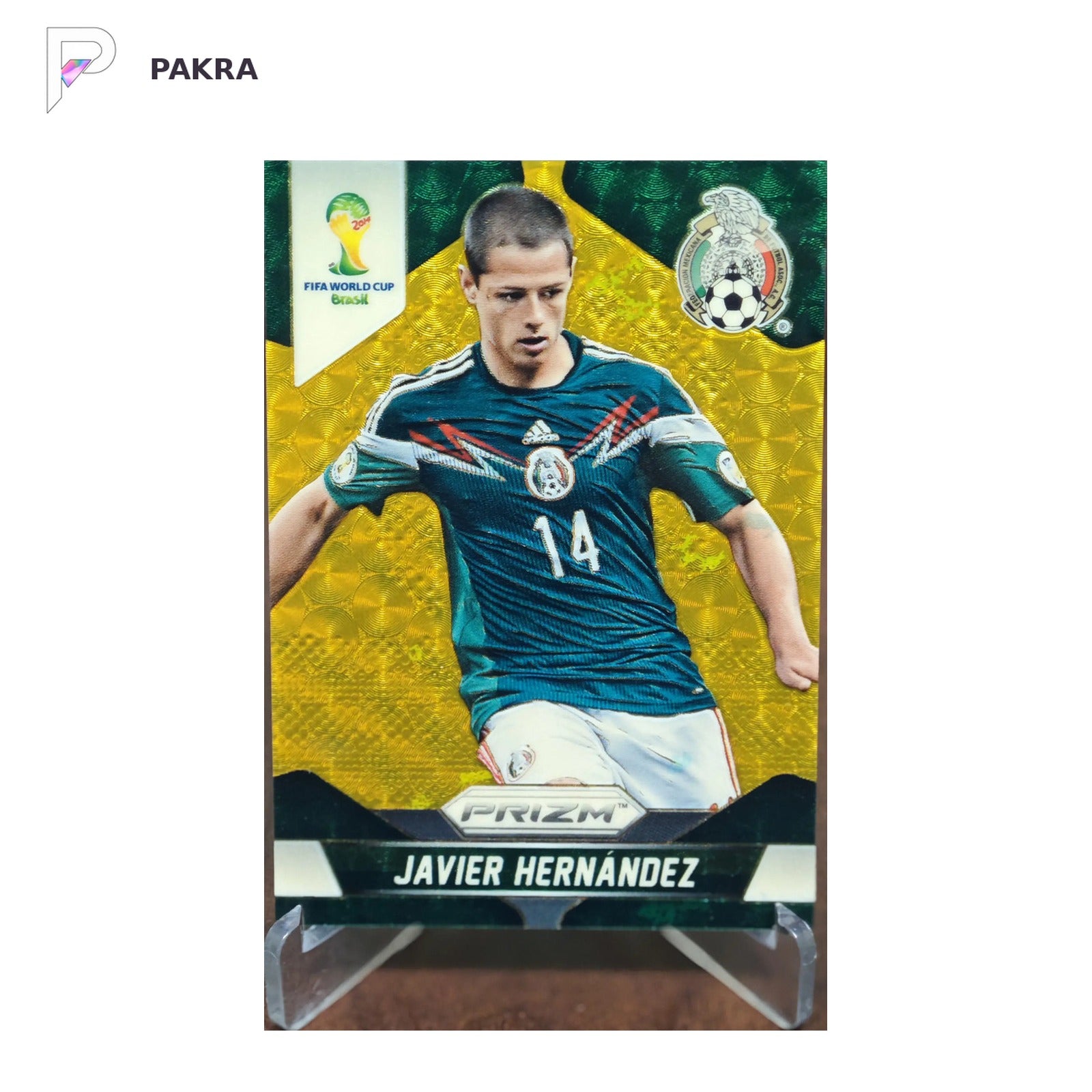 2014 PANINI PRIZM WORLD CUP JAVIER HERNANDEZ 5/5 GOLD POWER #148 MEXICO shown on a white PAKRA background.