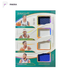 2023-24 Panini Immaculate Stephen Curry Trae Young Quad Mem GW Patch 50/99 shown on a white PAKRA background.