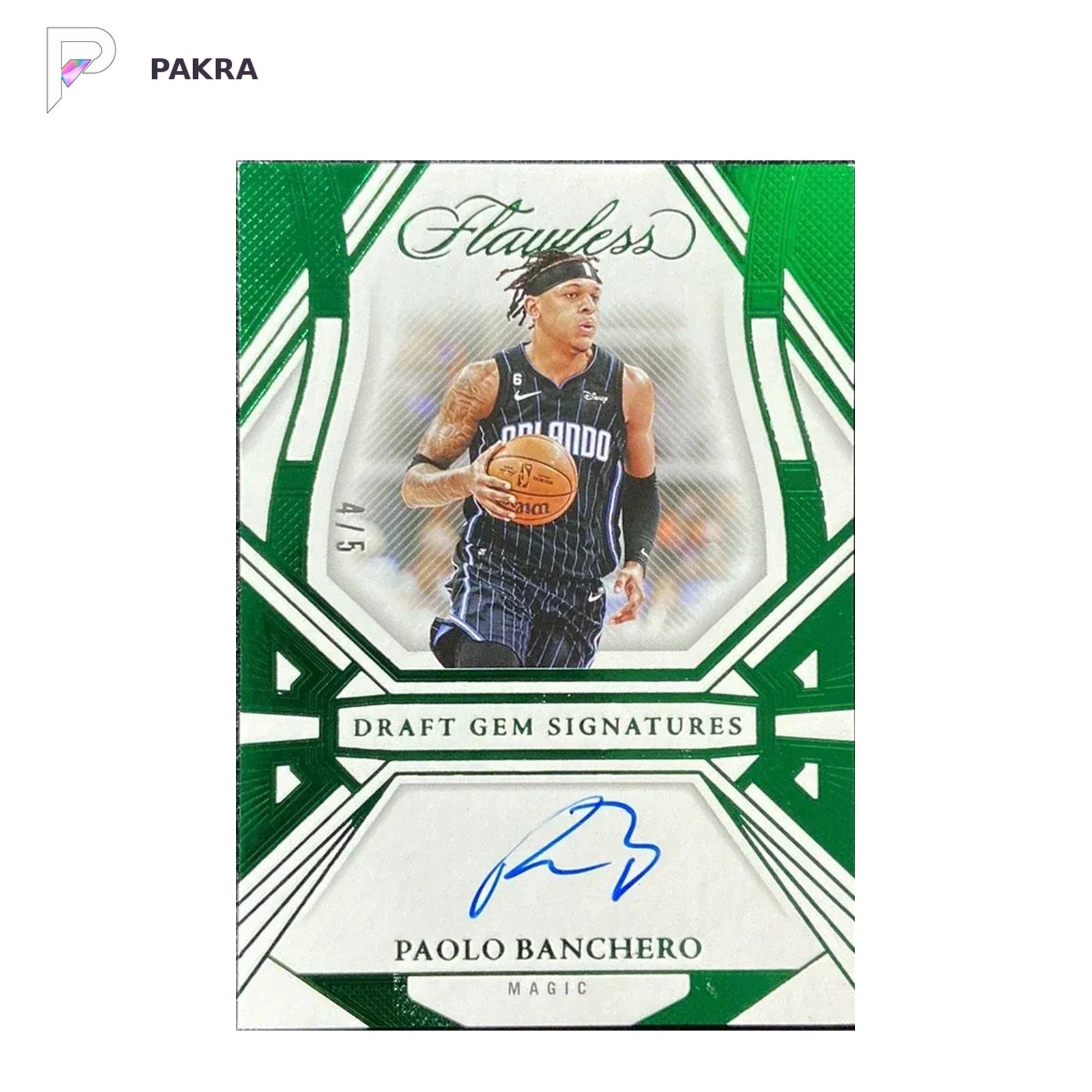 2023-24 Panini Flawless Paolo Banchero Draft Gem Signature Auto Emerald 4/5 shown on a white PAKRA background.