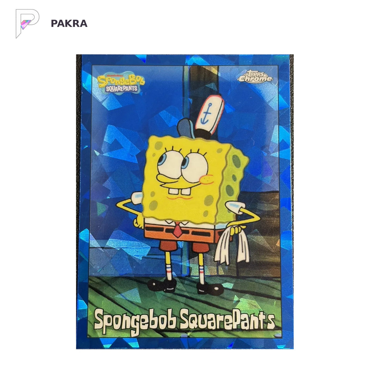 2025 Topps Chrome Sapphire SpongeBob SquarePants shown on a white PAKRA background.