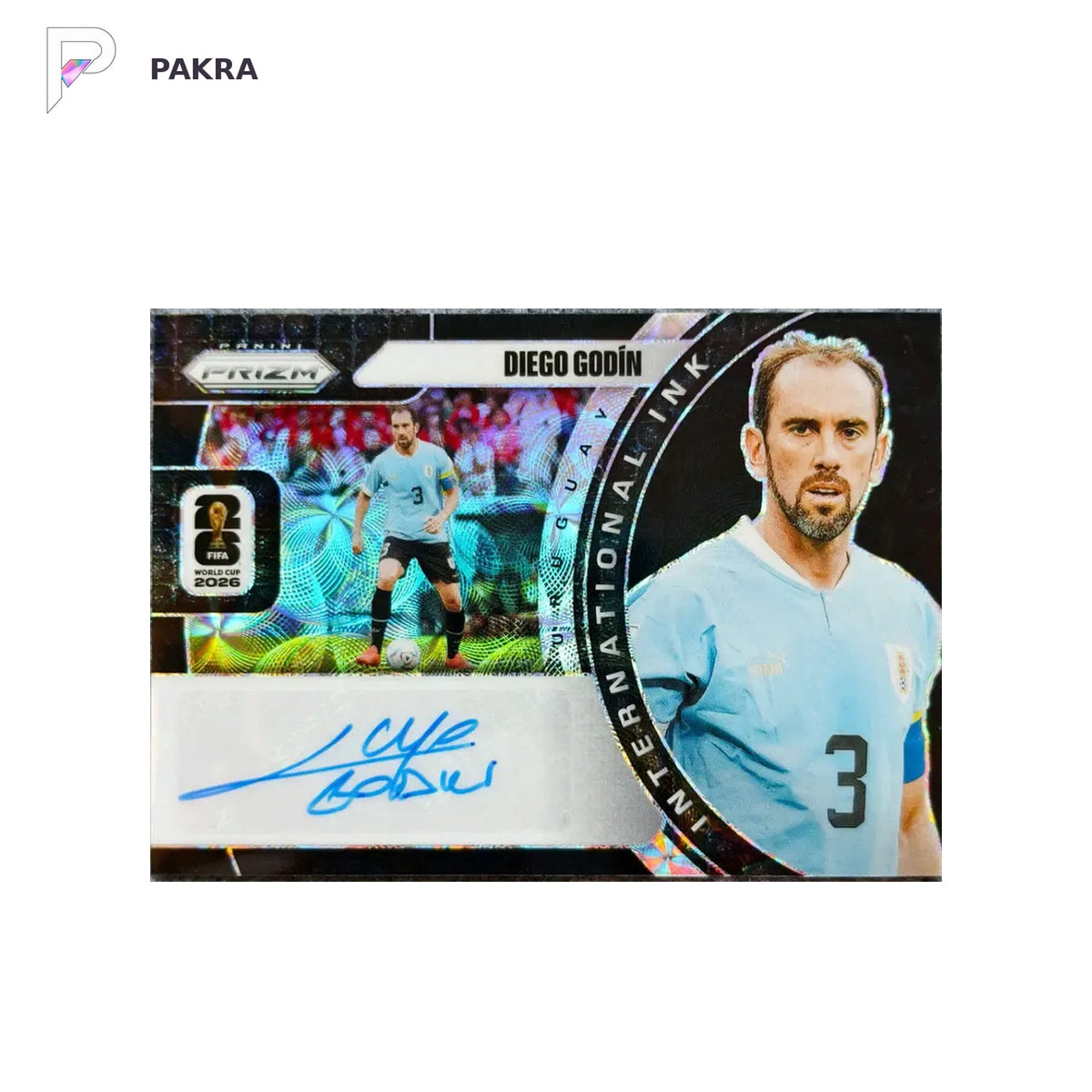 2026 Panini Prizm World Cup Diego Godin Auto Black 1/1 shown on a white PAKRA background.