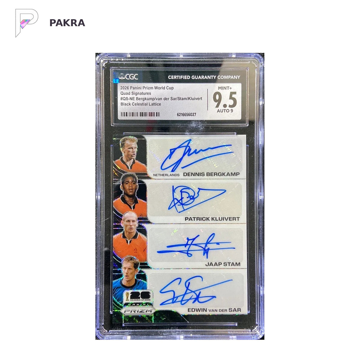 2026 Panini Prizm Quad Auto Bergkamp Kluivert Stam Van der Sar 1/1 black shown on a white PAKRA background.