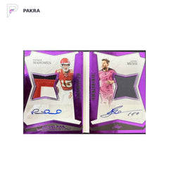 2025 Leaf History Book Patrick Mahomes Lionel Messi Duo Auto Relic /4 930P shown on a white PAKRA background.