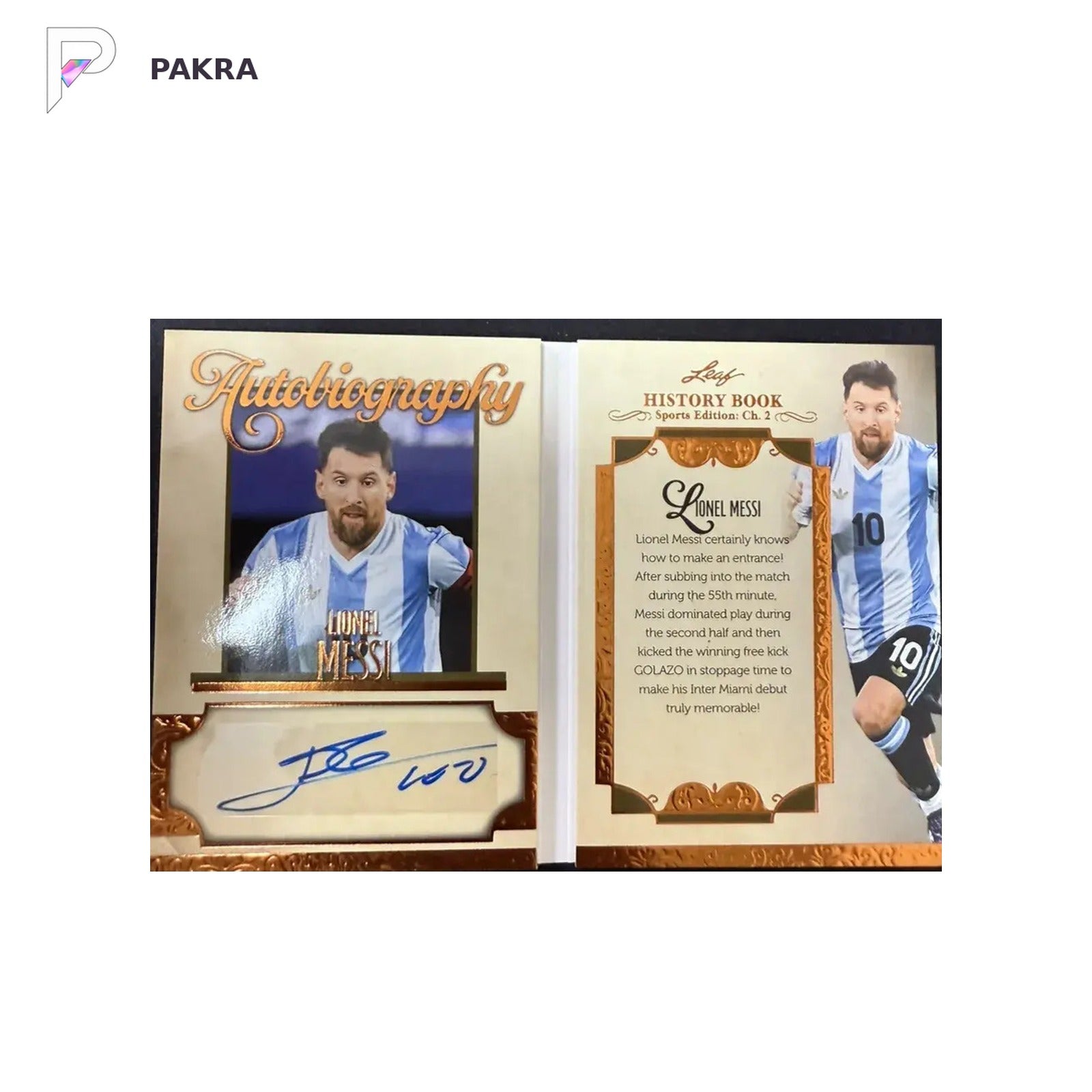 2025 Leaf History Book Lionel Messi Auto /12 930P shown on a white PAKRA background.
