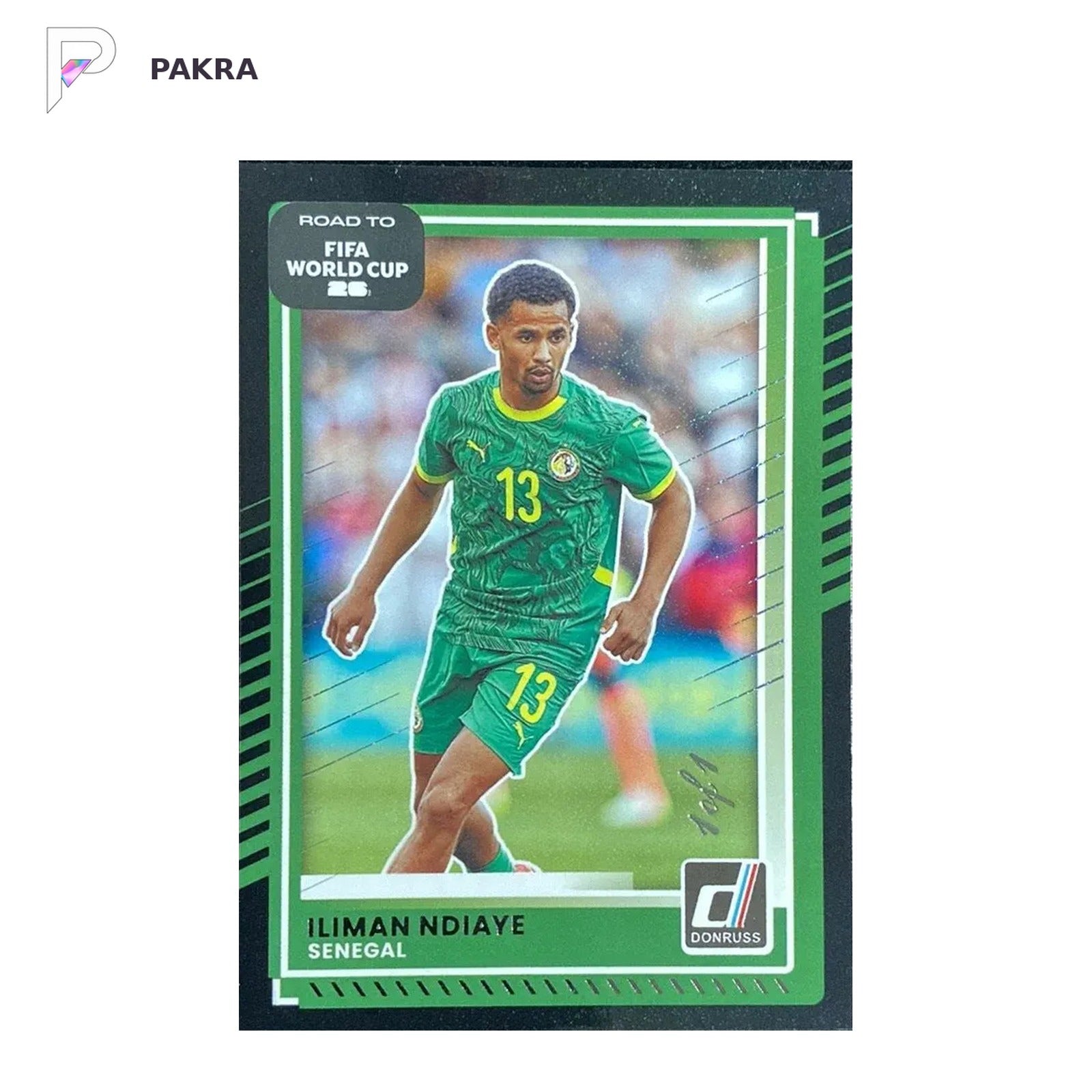 2025-26 Donruss FIFA Iliman Ndiaye Senegal 1/1 black shown on a white PAKRA background.