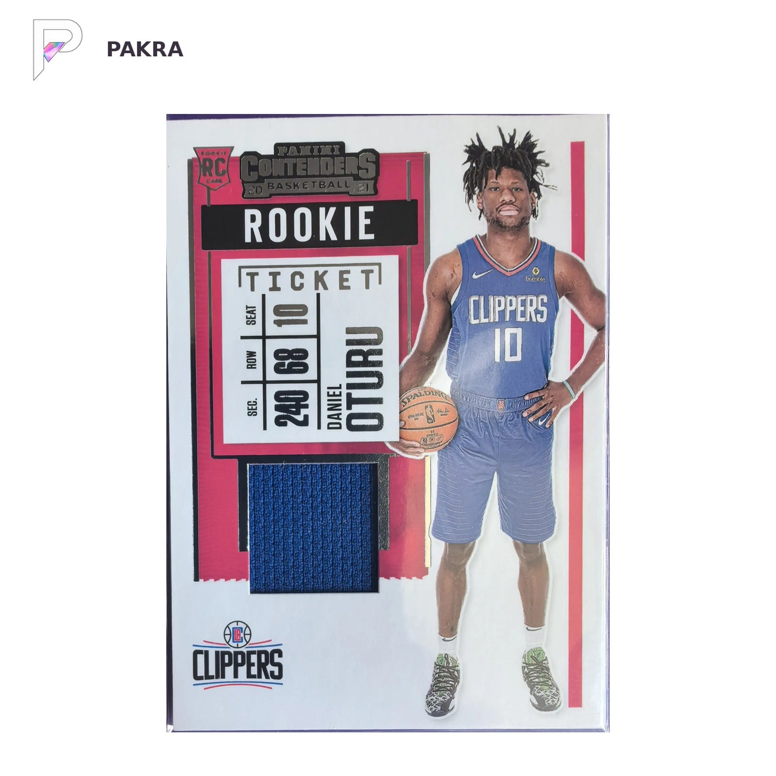 2021 Panini #No.RS-DOT Daniel Oturu RC Player-wornmaterial shown on a white PAKRA background.