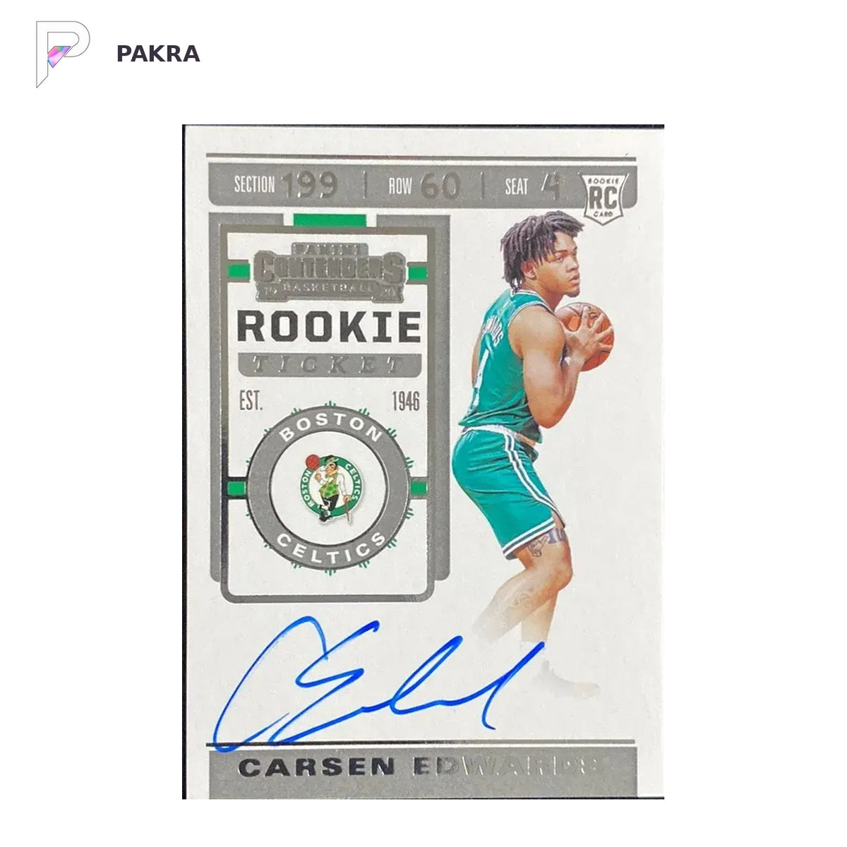 2019-20 Panini Contenders Carsen Edwards RC Rookie Ticket Auto #126 Celtics shown on a white PAKRA background.