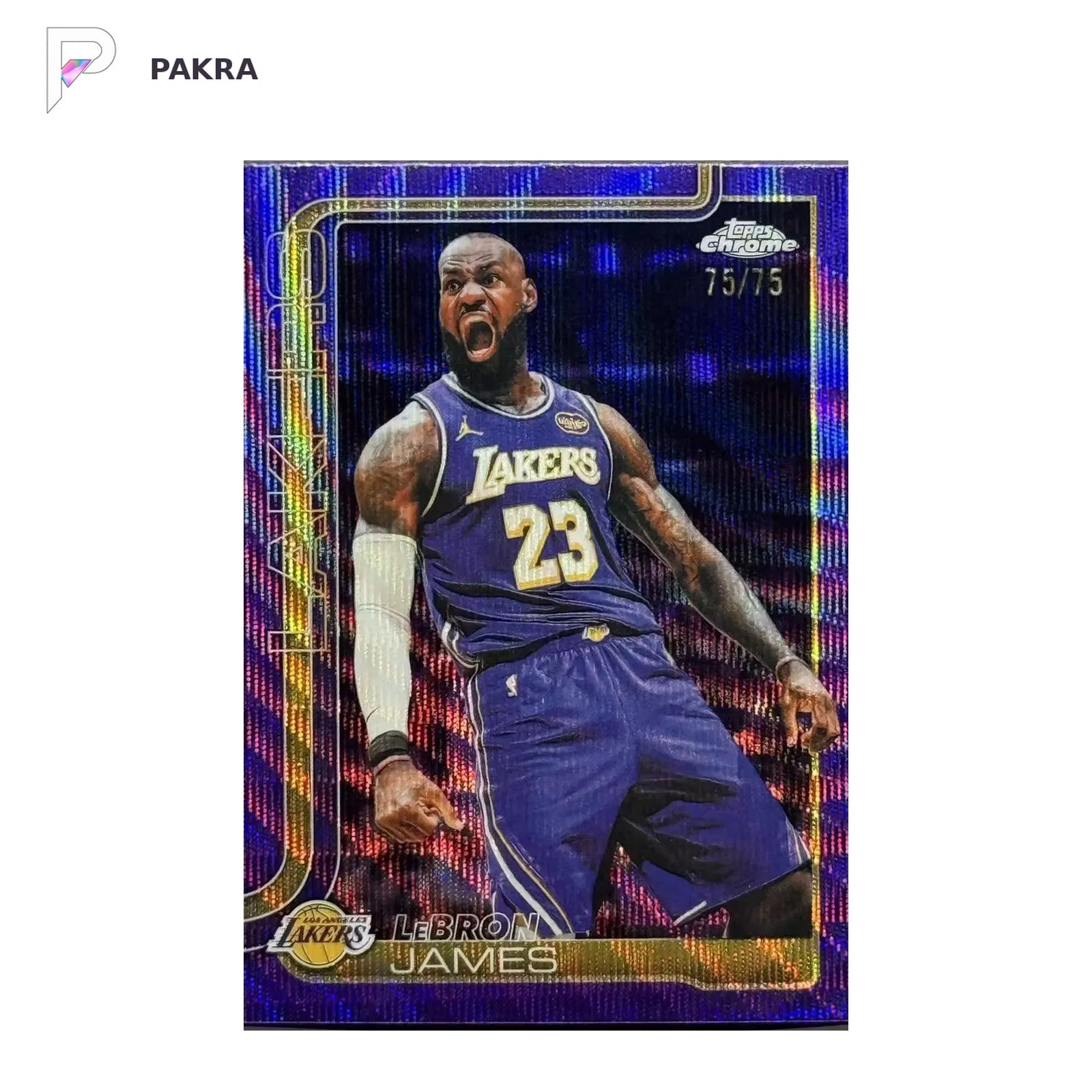 2025-26 Topps Chrome Basketball LeBron James Purple Wave Refractor 75/75 #1 shown on a white PAKRA background.