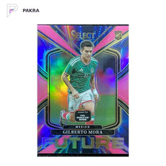 2026 Panini Select World Cup Gilberto Mora Pink /25 Future Mexico RC Card shown on a white PAKRA background.