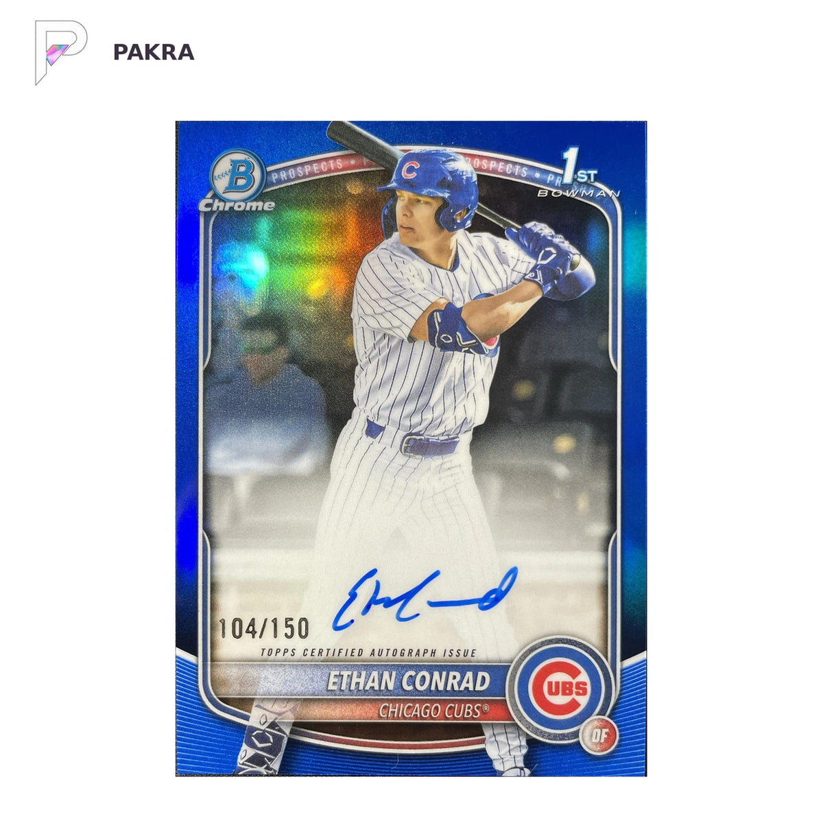 2025 Topps Bowman Chrome Ethan Conrad 1st Prospects Auto Blue /150 #CPA-EC shown on a white PAKRA background.
