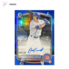 2025 Topps Bowman Chrome Ethan Conrad 1st Prospects Auto Blue /150 #CPA-EC shown on a white PAKRA background.