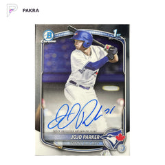 2025 Topps Bowman Chrome Jojo Parker 1st Prospects Auto #CPA-JP Blue Jays shown on a white PAKRA background.