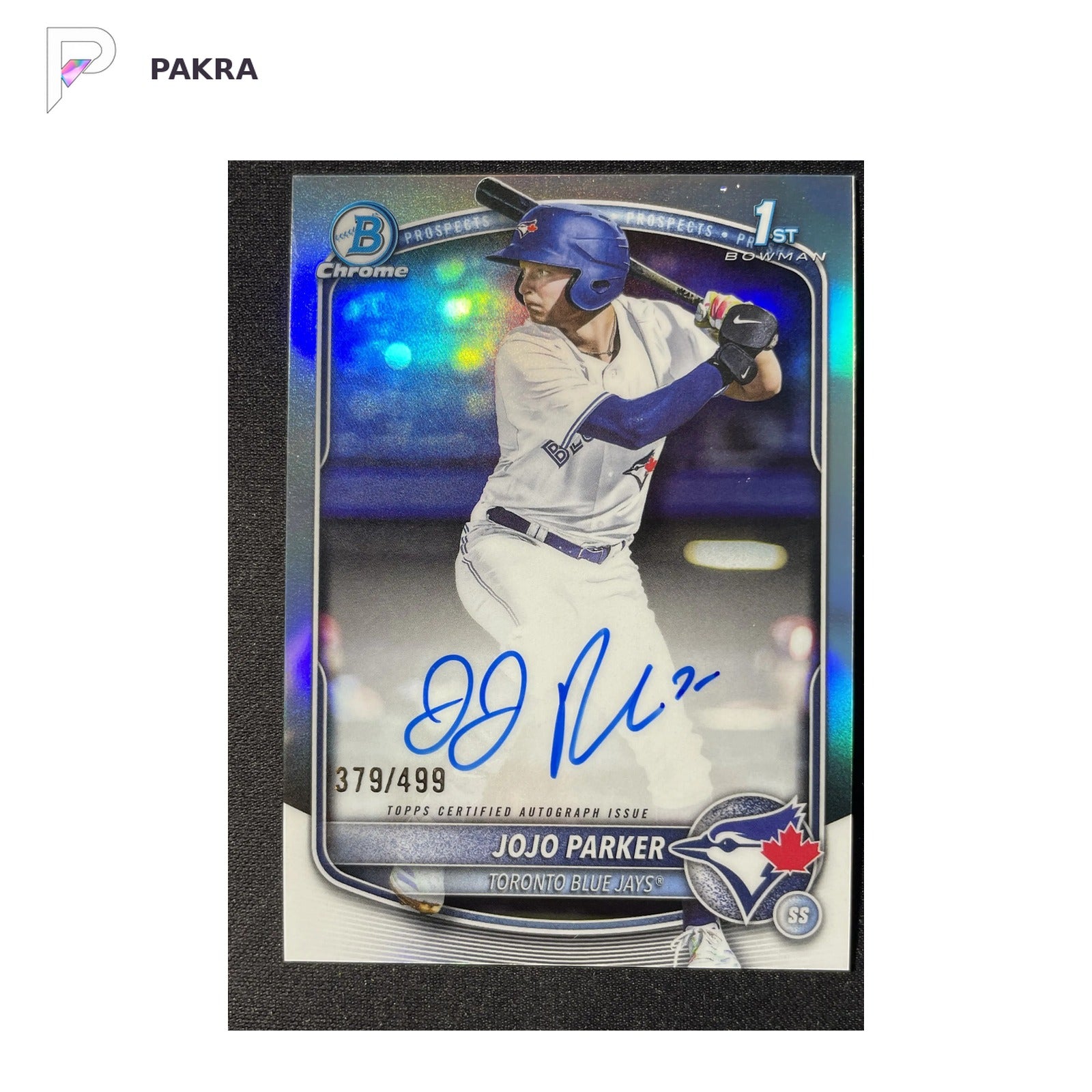 2025 Topps Bowman Chrome Jojo Parker 1st Prospects Auto Refractor 379/499 shown on a white PAKRA background.