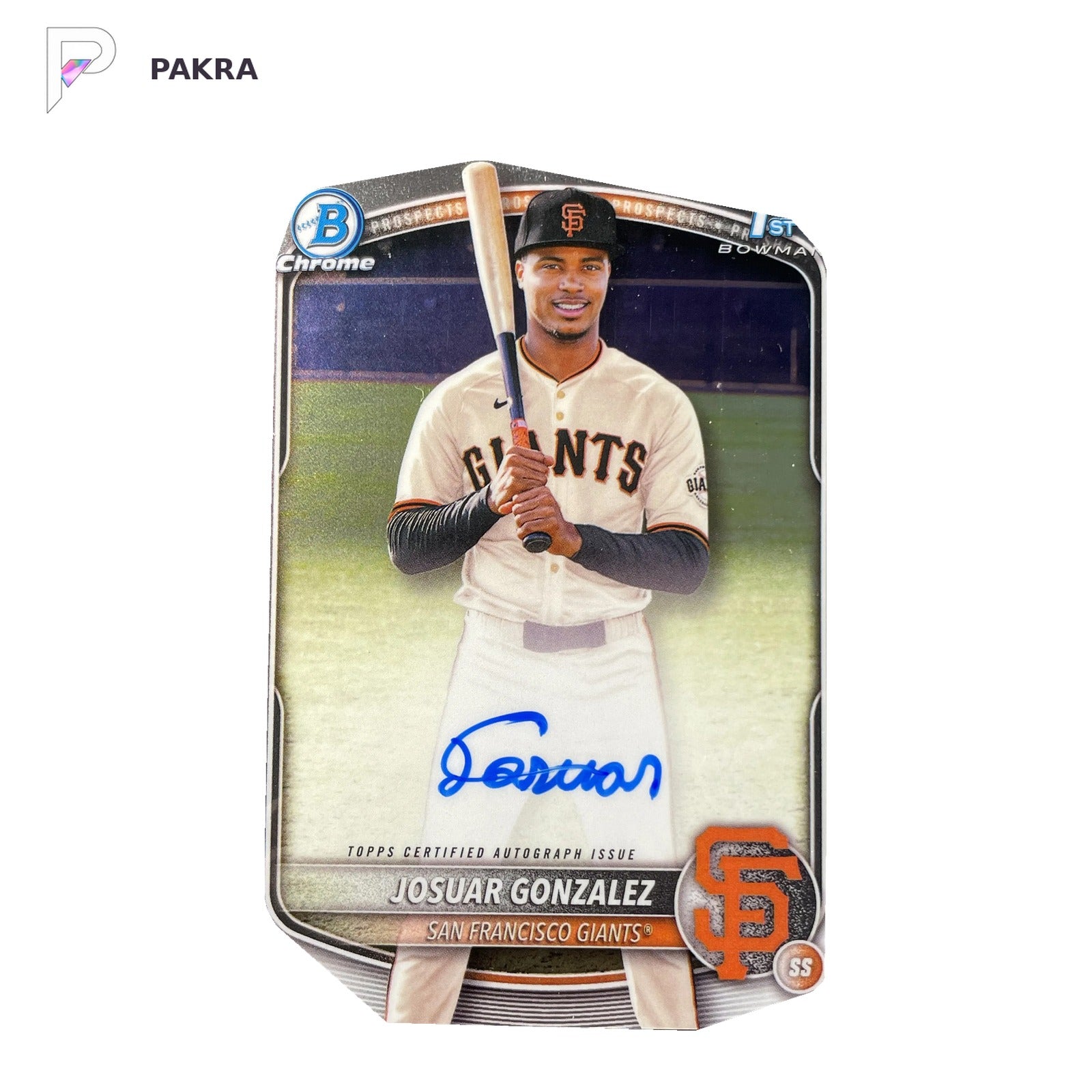 2025 Topps Bowman Chrome Prospect Auto Josuar Gonzalez 1st #CPA-JD Giants shown on a white PAKRA background.