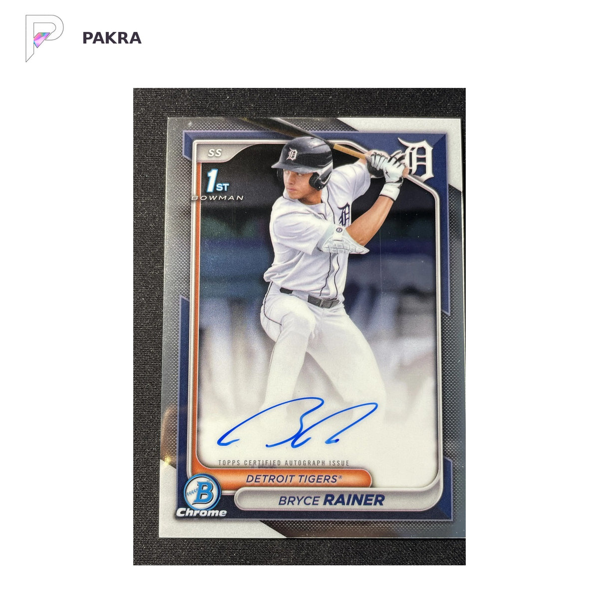 2024 Topps Bowman Chrome Auto Bryce Rainer 1st #CPA-BR Tigers shown on a white PAKRA background.