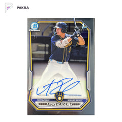 2026 Topps Bowman Chrome Auto Andrew Fischer 1st #CPA-AF Brewers shown on a white PAKRA background.