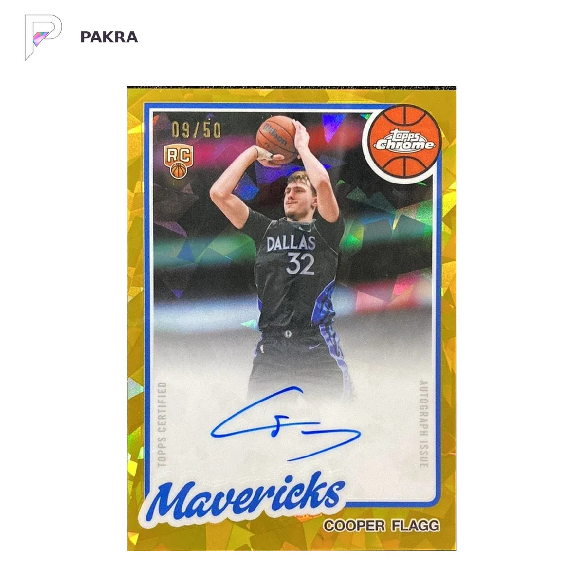 2025-26 Topps Chrome Updates Sapphire 1980-81 Auto Cooper Flagg RC Gold /50 shown on a white PAKRA background.