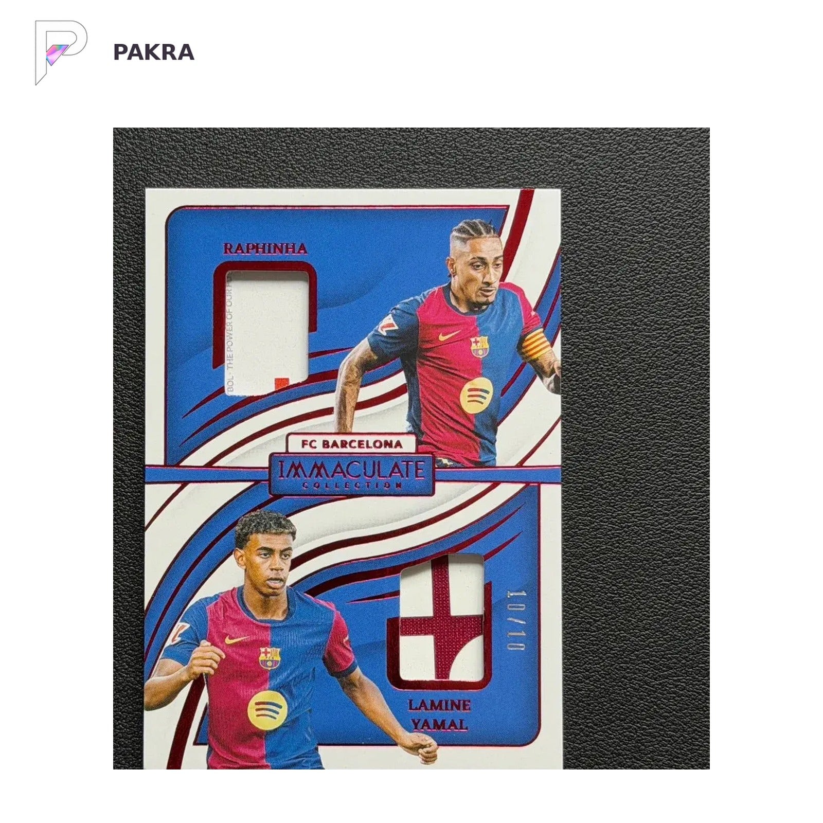 2024-25 Panini Immaculate Patch Lamine Yamal Raphinha 10/10 Jersey Number shown on a white PAKRA background.