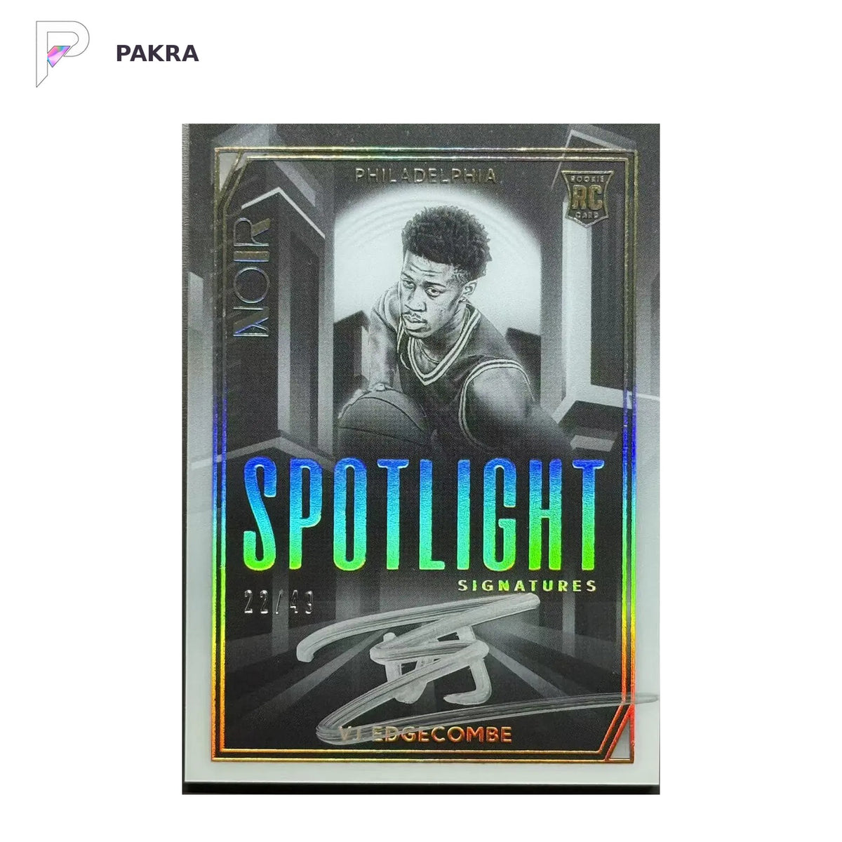 2025-26 Panini Noir VJ Edgecombe RC Rookie Spotlight Signatures Auto 22/49 shown on a white PAKRA background.