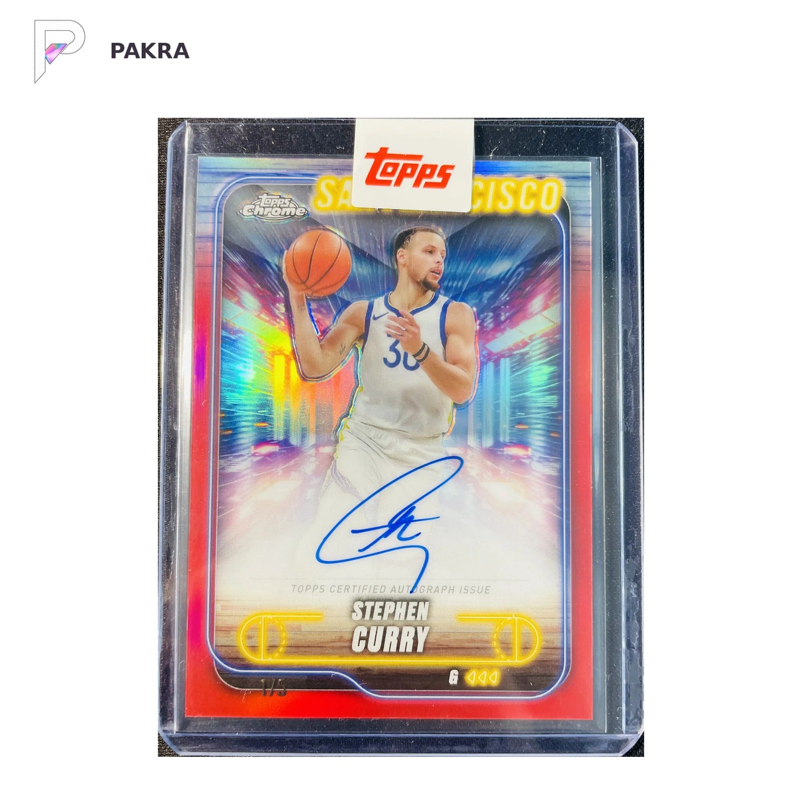 2024-25 Topps Chrome Stephen Curry Auto Red 1/5 #TCA-SC Warriors Sealed shown on a white PAKRA background.