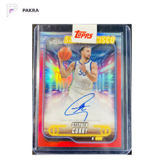 2024-25 Topps Chrome Stephen Curry Auto Red 1/5 #TCA-SC Warriors Sealed shown on a white PAKRA background.
