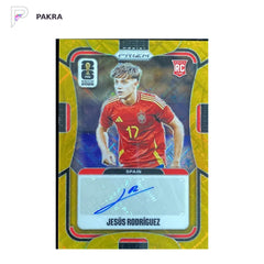 Jesus Rodriguez 2026 Panini Prizm World Cup GOLD Lattice 4/5 AUTO RC Spain shown on a white PAKRA background.