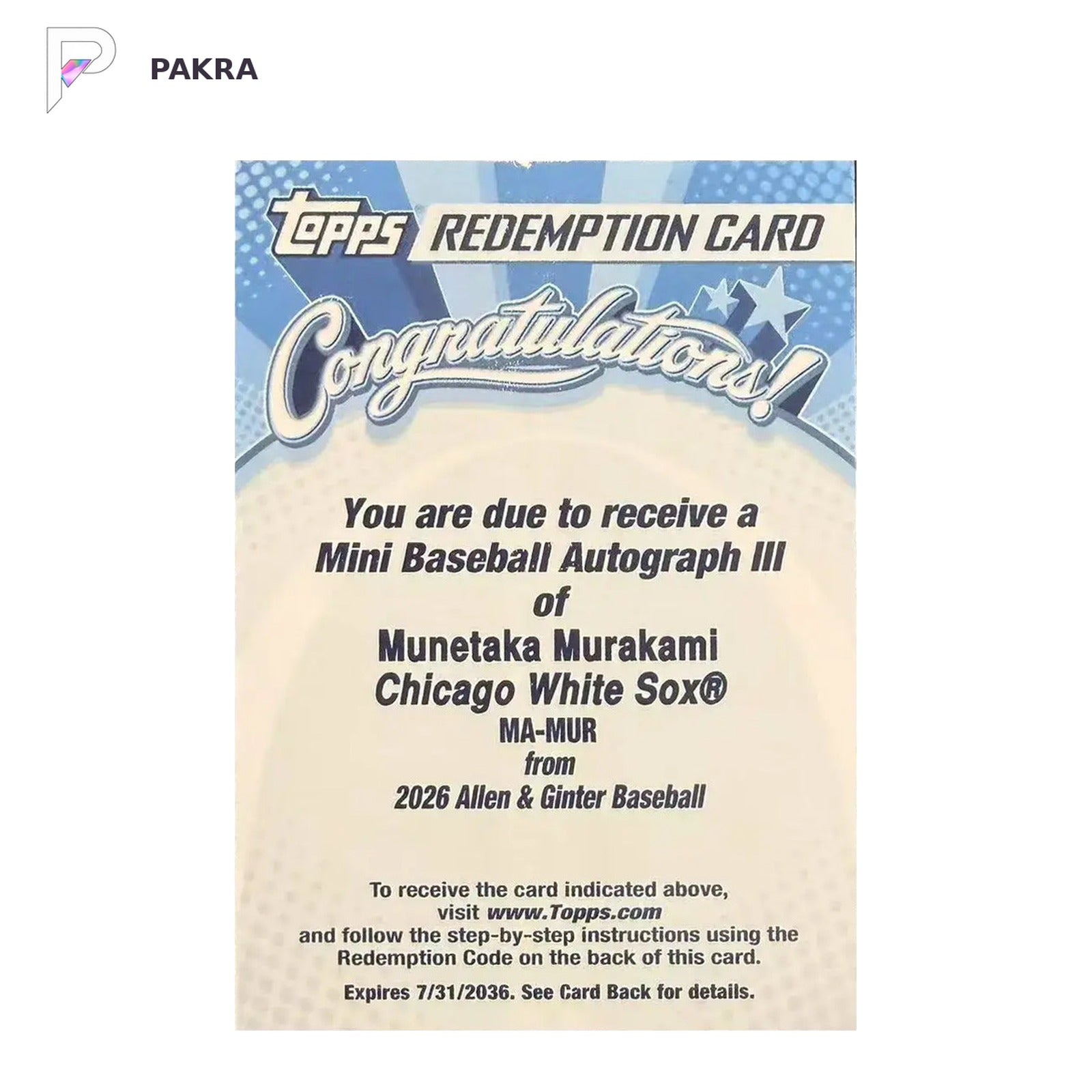 2026 Topps Allen & Ginter Munetaka Murakami Mini Auto III Redemption shown on a white PAKRA background.