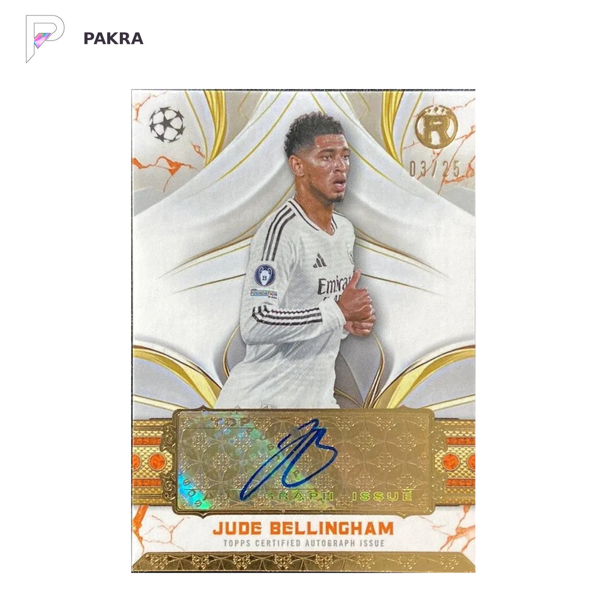 2024-25 Topps Reverence Jude Bellingham Auto Orange 03/25 #RA-JB Madrid shown on a white PAKRA background.