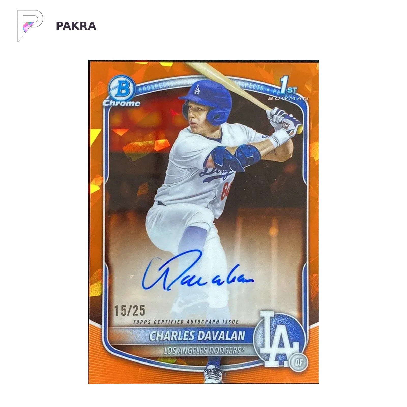 2025 Topps Bowman Chrome Sapphire Charles Davalan 1st Auto Orange Ref 15/25 shown on a white PAKRA background.