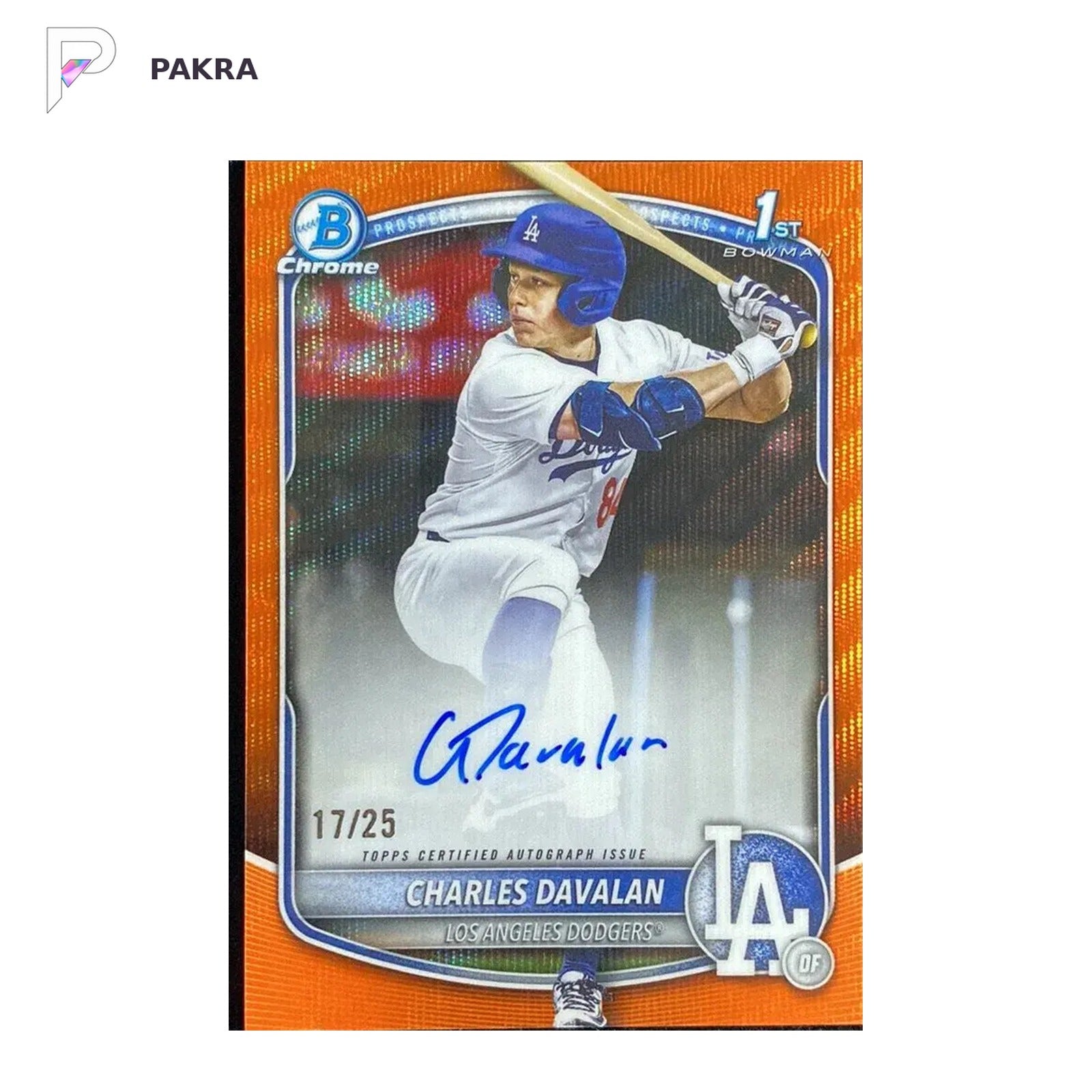 2025 Topps Bowman Chrome Charles Davalan 1st Auto Orange Wave REF 17/25 shown on a white PAKRA background.