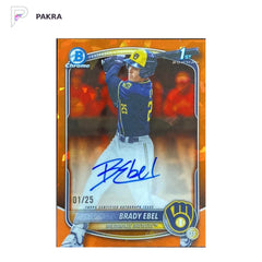 2025 Topps Bowman Chrome Sapphire Brady Ebel 1st Auto Orange Refractor 1/25 shown on a white PAKRA background.