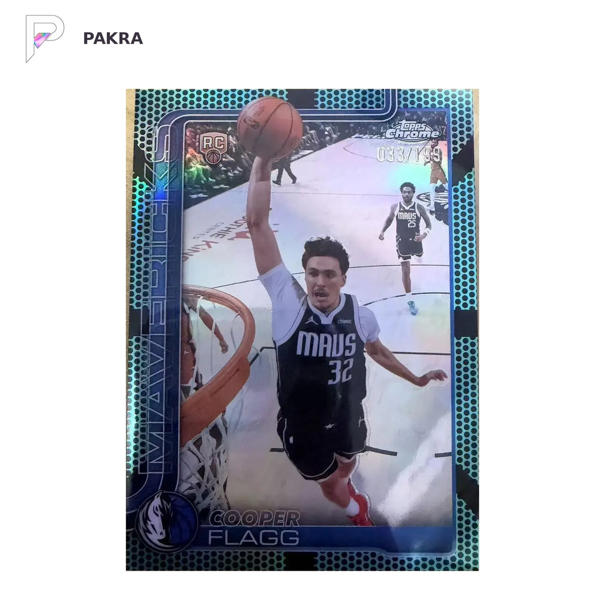 Topps chrome Aqua Cooper Flagg RC 33/199 update ssp green shown on a white PAKRA background.