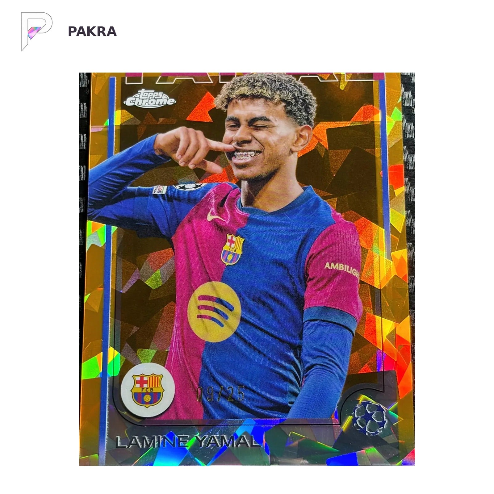 2024-25 Topps Chrome Sapphire Image Variation Orange #27 Lamine Yamal /25 shown on a white PAKRA background.