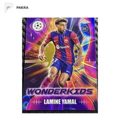 2023-24 Topps Chrome UEFA Lamine Yamal Wonderkids RC Rookie Gold Lava shown on a white PAKRA background.