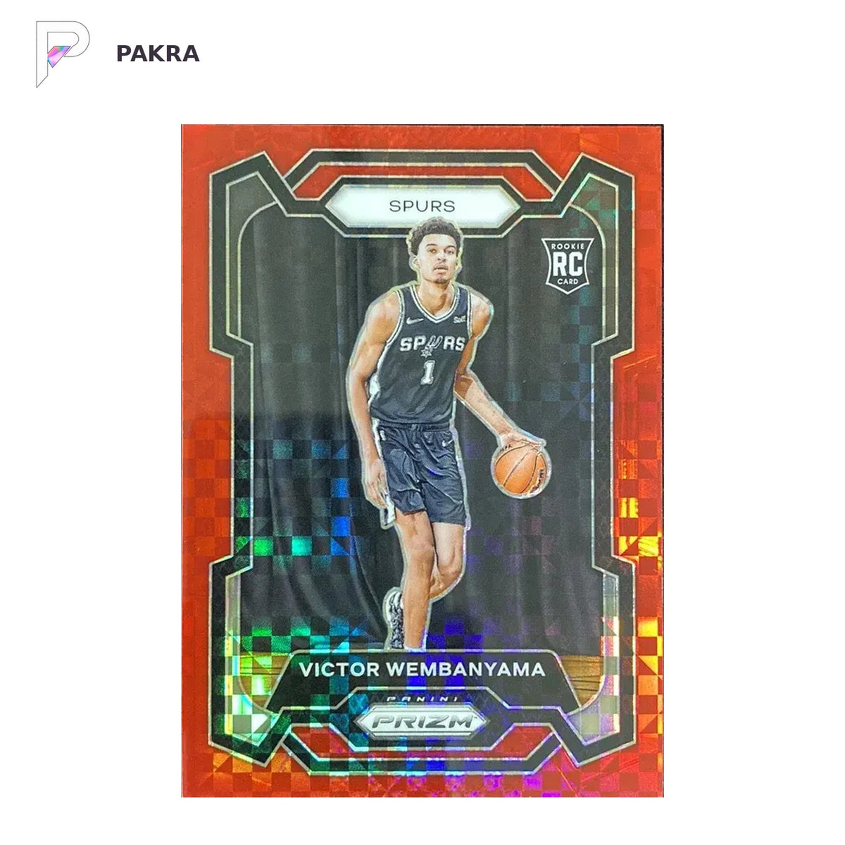 2023-24 Panini Prizm Victor Wembanyama RC Rookie Red Power 26/75 #136 Spurs shown on a white PAKRA background.