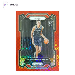 2023-24 Panini Prizm Victor Wembanyama RC Rookie Red Power 26/75 #136 Spurs shown on a white PAKRA background.
