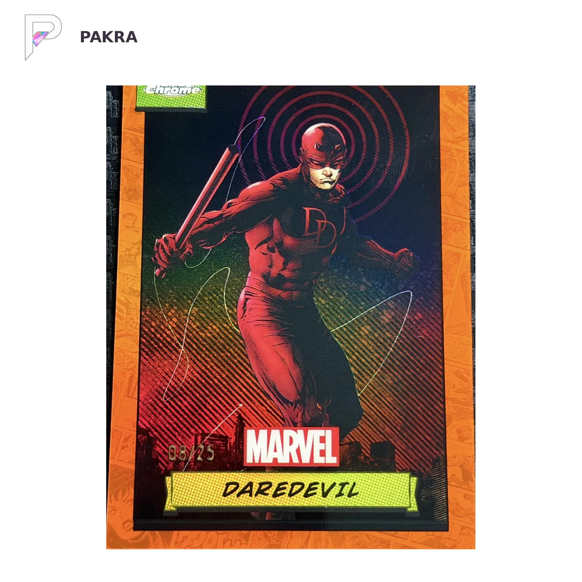 2024 Topps Chrome Marvel Daredevil Orange Refractor /25 shown on a white PAKRA background.