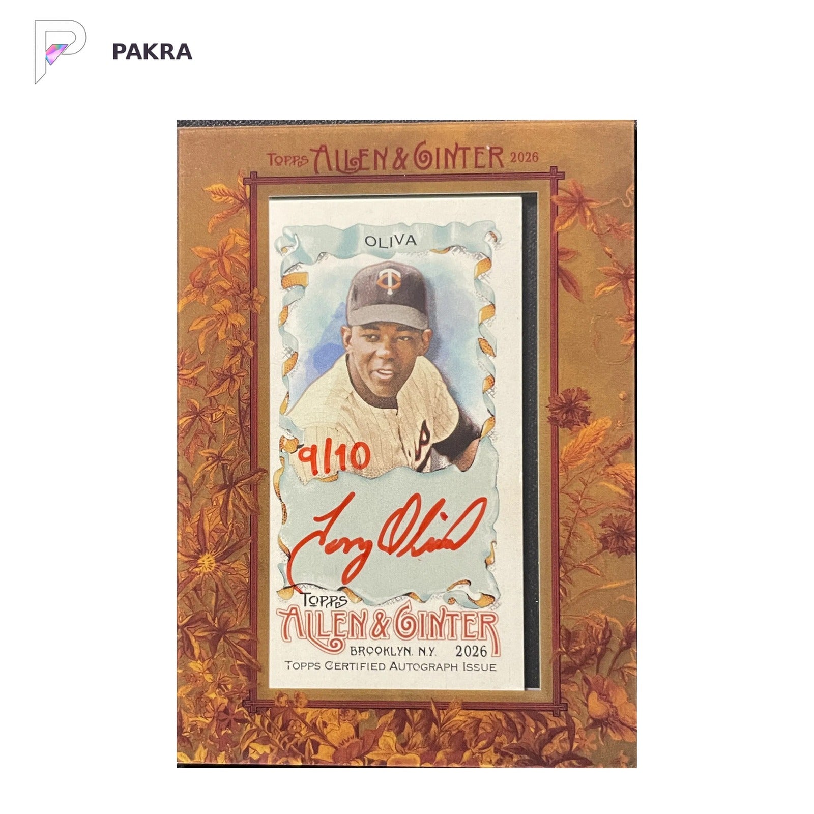 2026 Topps Allen & Ginter Mini Auto Tony Oliva #MA-TO 9/10 Twins shown on a white PAKRA background.