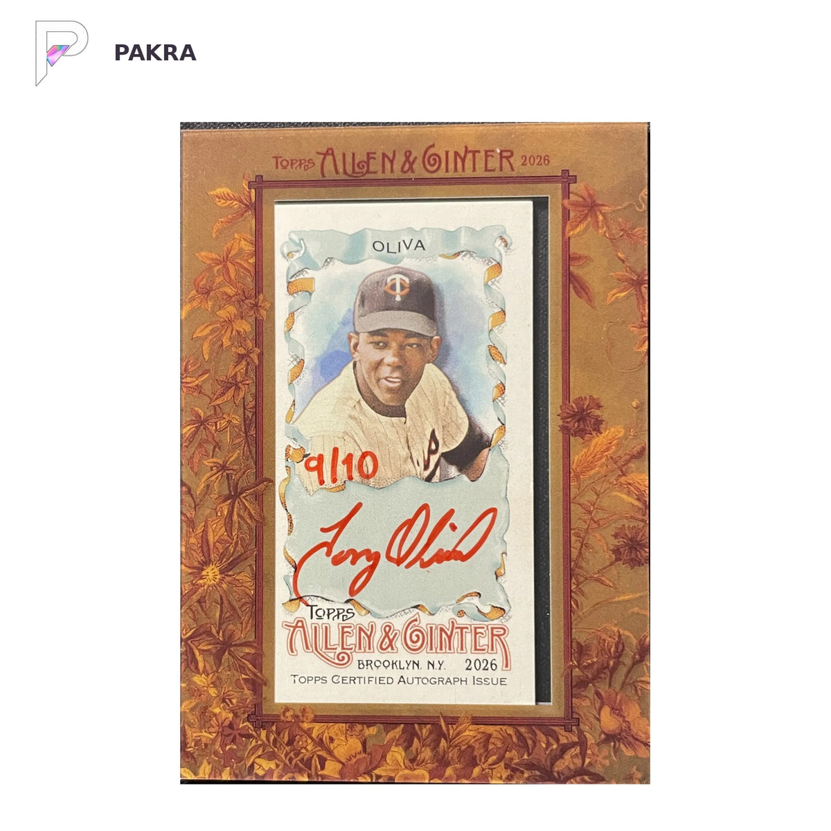 2026 Topps Allen & Ginter Mini Auto Tony Oliva #MA-TO 9/10 Twins shown on a white PAKRA background.