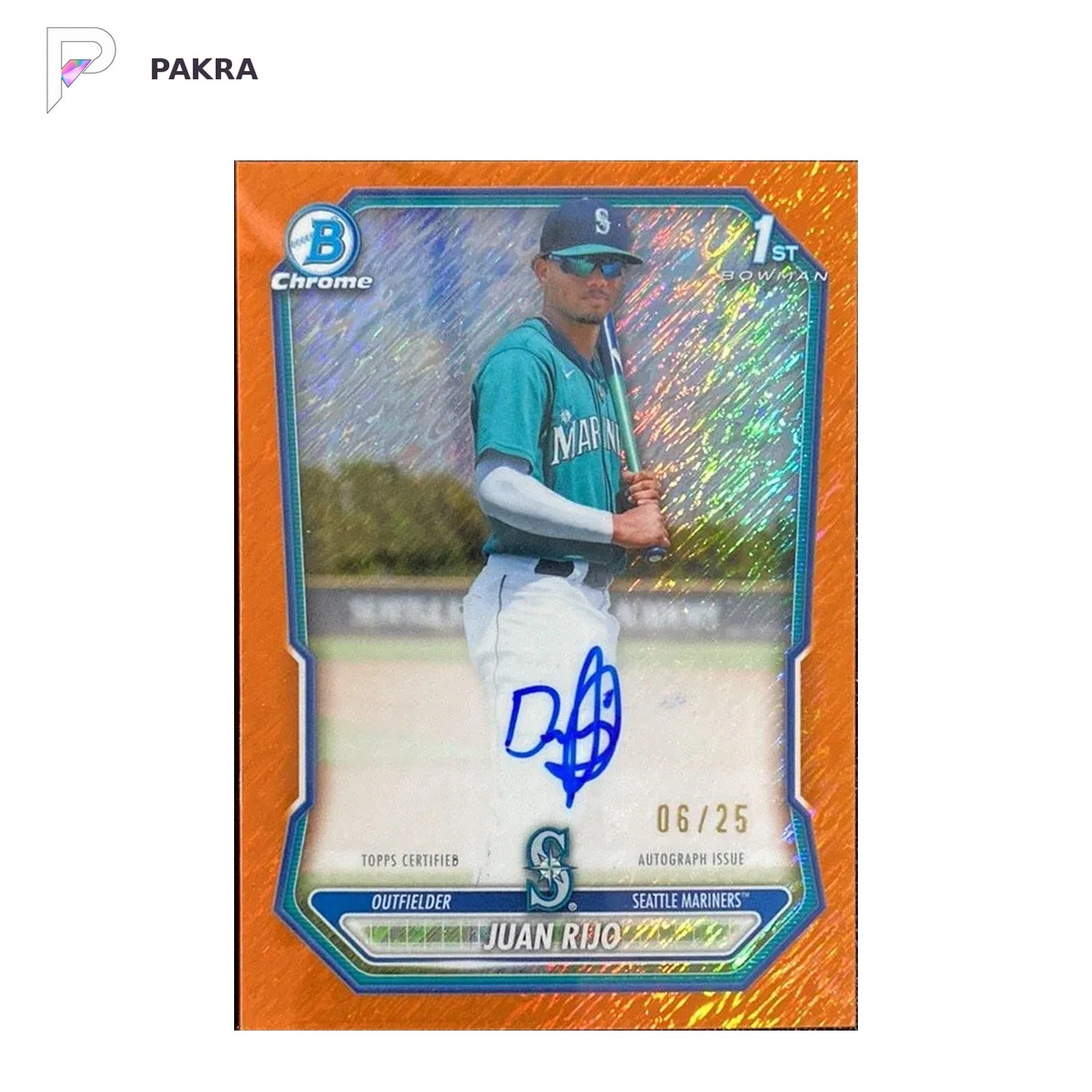 2026 Topps Bowman Chrome Juan Rijo 1ST Orange Shimmer REF Auto 6/25 #CPA-JR shown on a white PAKRA background.