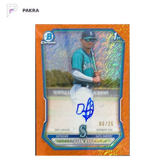 2026 Topps Bowman Chrome Juan Rijo 1ST Orange Shimmer REF Auto 6/25 #CPA-JR shown on a white PAKRA background.