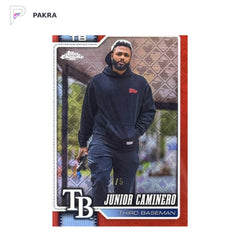 2026 Topps Chrome Logofractor Junior Caminero Red 1/5 Image Variation SSP shown on a white PAKRA background.