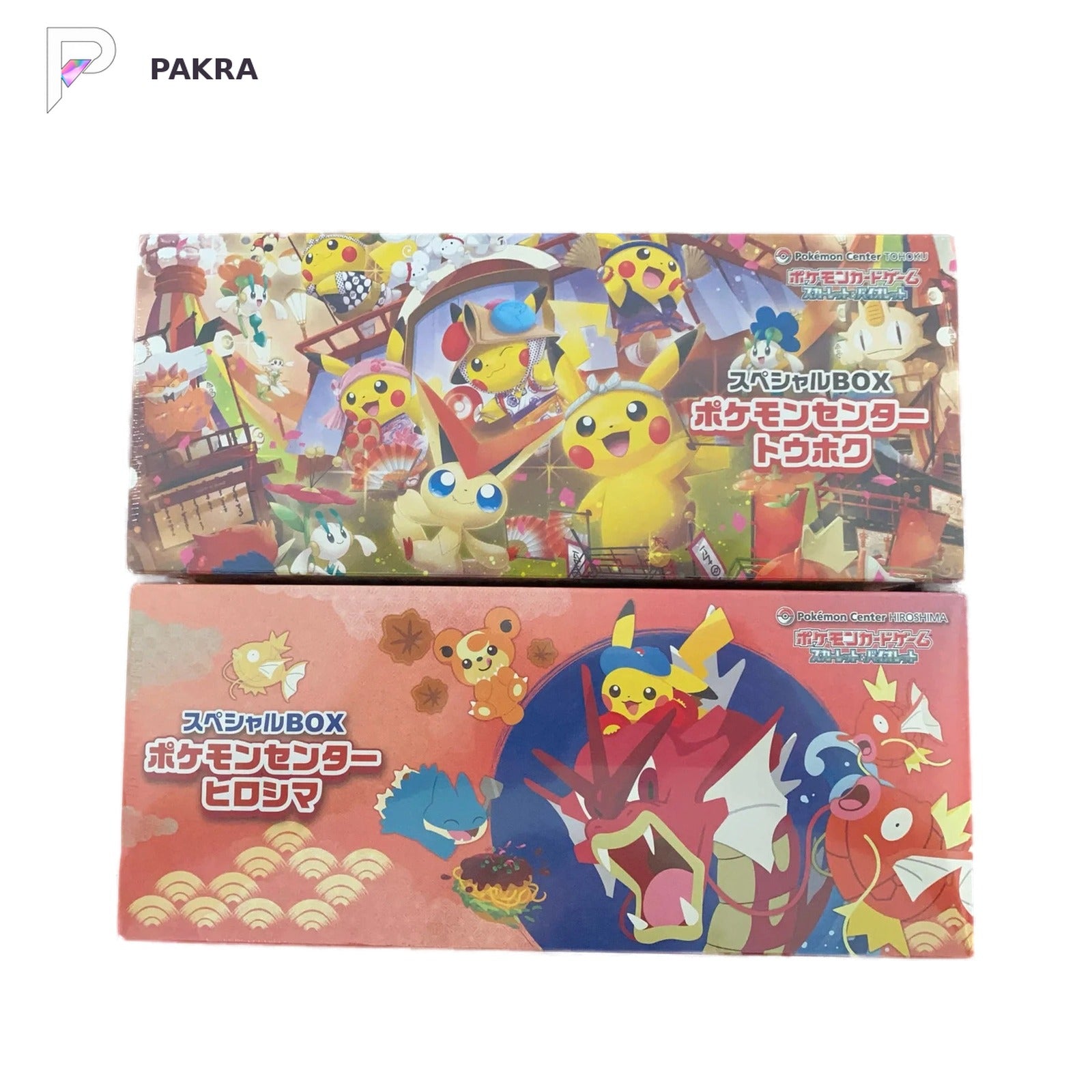 Pokémon Card Game Tohoku's Pikachu & Hiroshima's Pikachu Box - Japanese, official product image on a white PAKRA background.