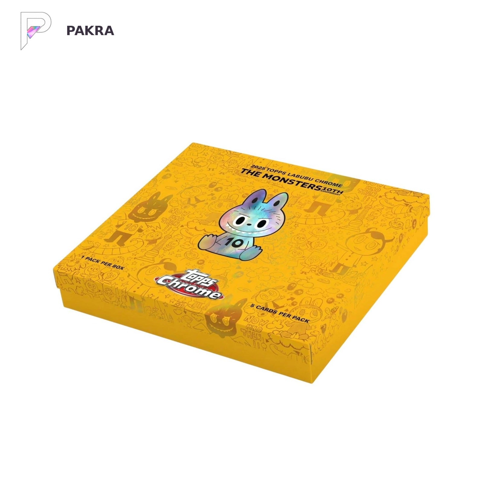 2025 Topps Chrome Labubu 10th Anniversary Hobby Box, official product image on a white PAKRA background.