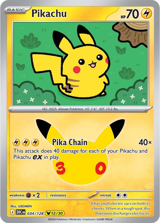 Pokémon Pikachu 30C-034/128 — English Single Card