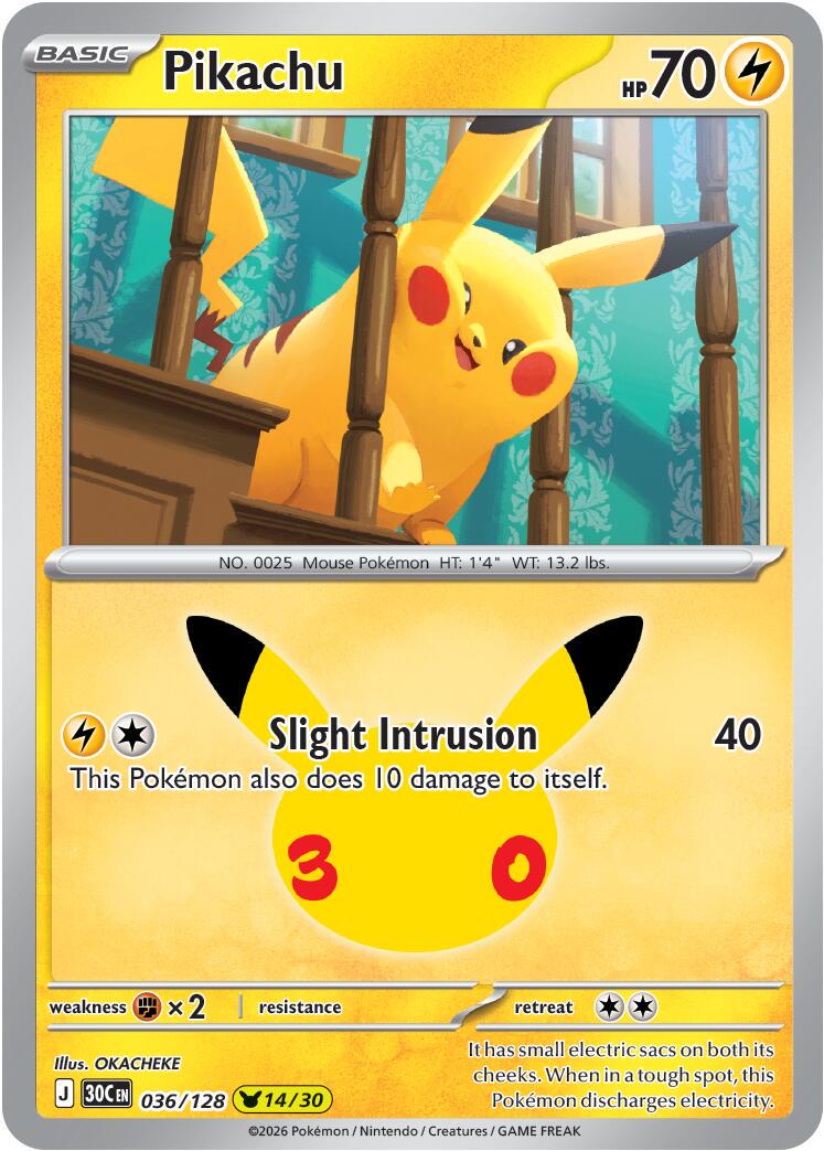 Pokémon Pikachu 30C-036/128 — English Single Card
